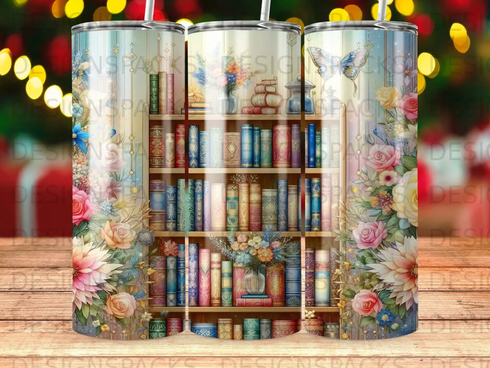 Bookshelf with flowers and a butterfly design on a tumbler.