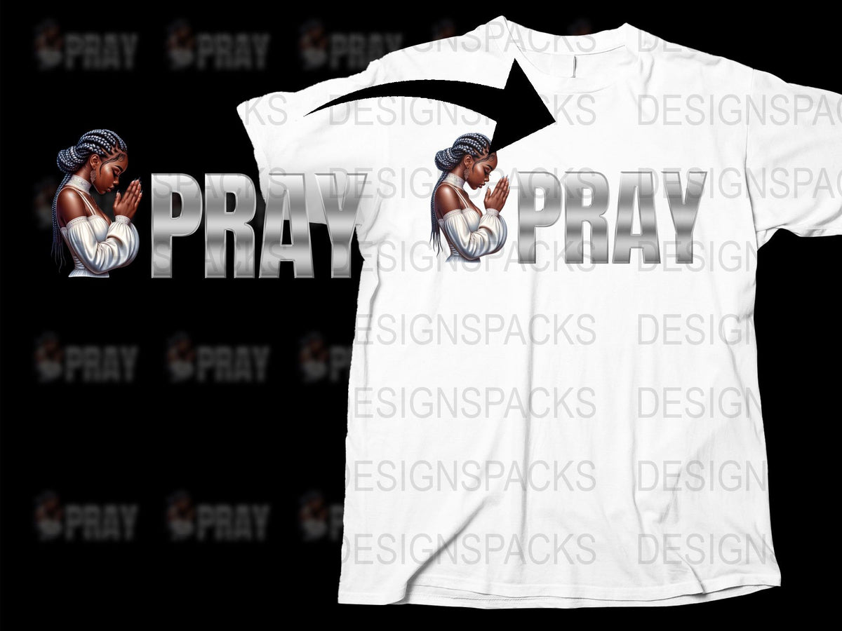 Pray Graphic T-Shirt, Spiritual Woman Praying Design, White Casual Tee, Christian Apparel, Inspirational Clothing, Faith-Based Gift