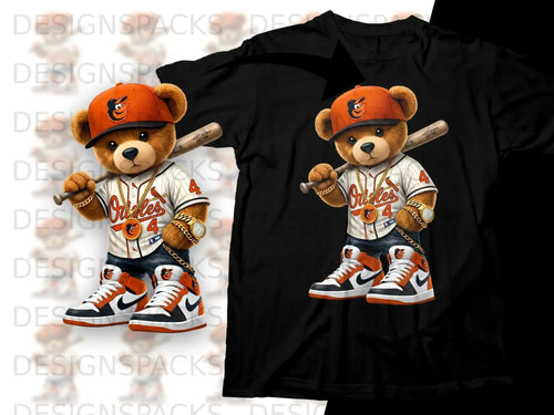 Cartoon bear wearing Orioles baseball uniform and holding bat.