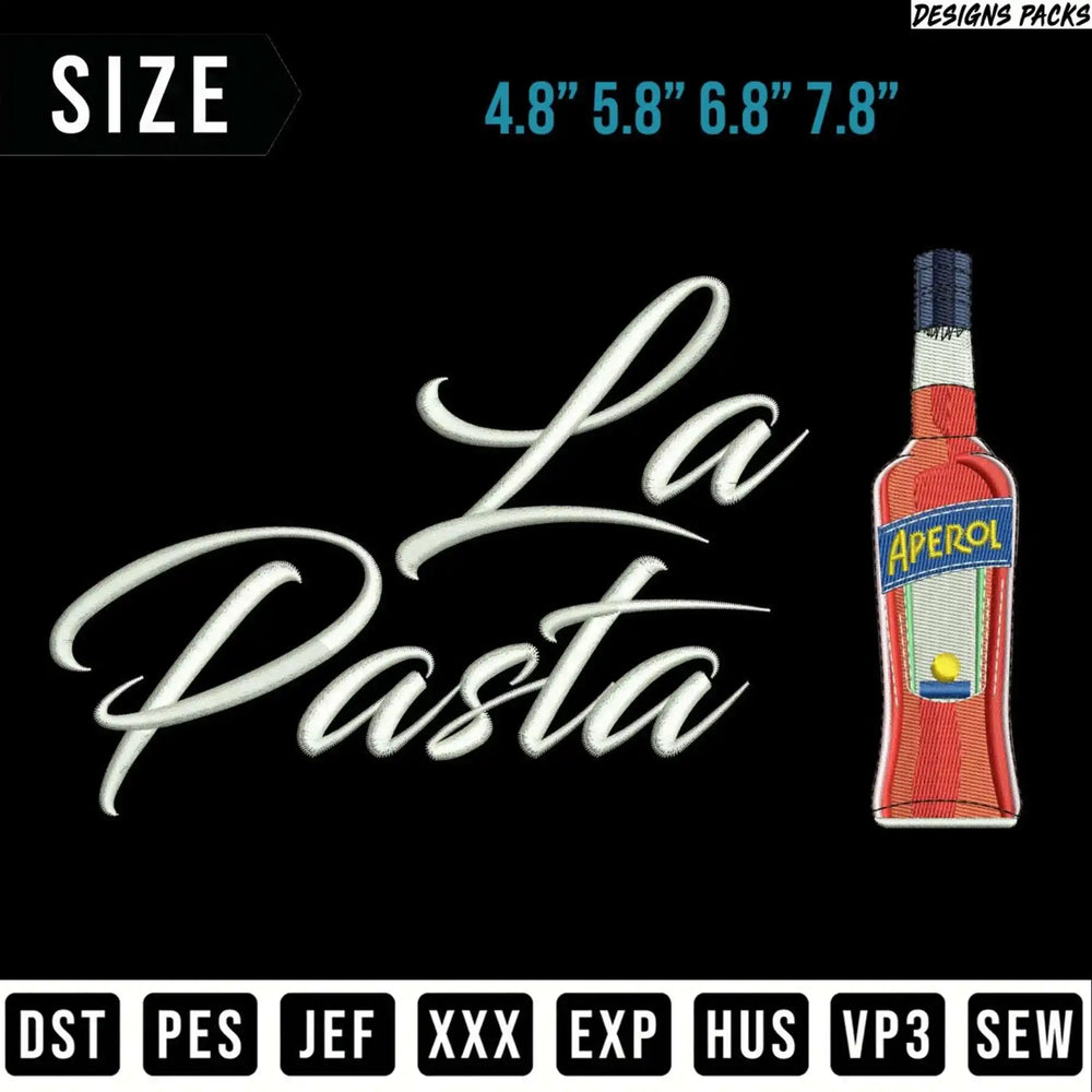 "La Pasta" embroidered design with Aperol bottle, available in multiple sizes.