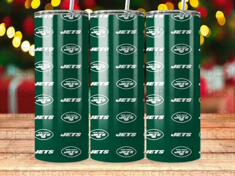 New York Jets logo repeated on a green background with blurred city lights.