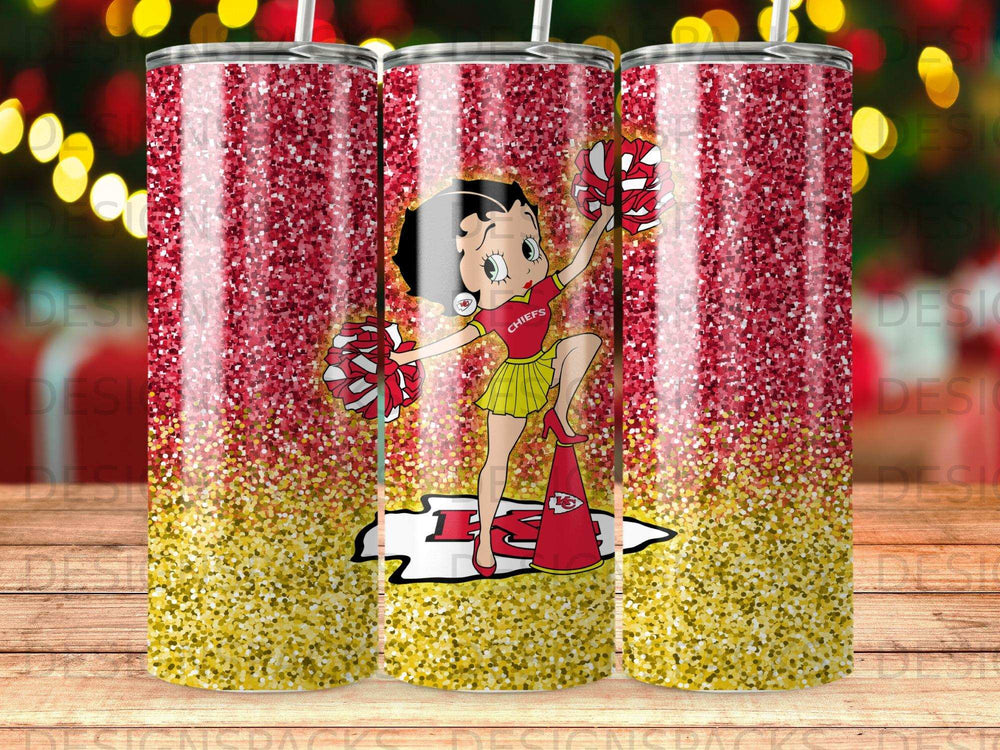 Betty Boop in Kansas City Chiefs uniform with pom-poms and megaphone.