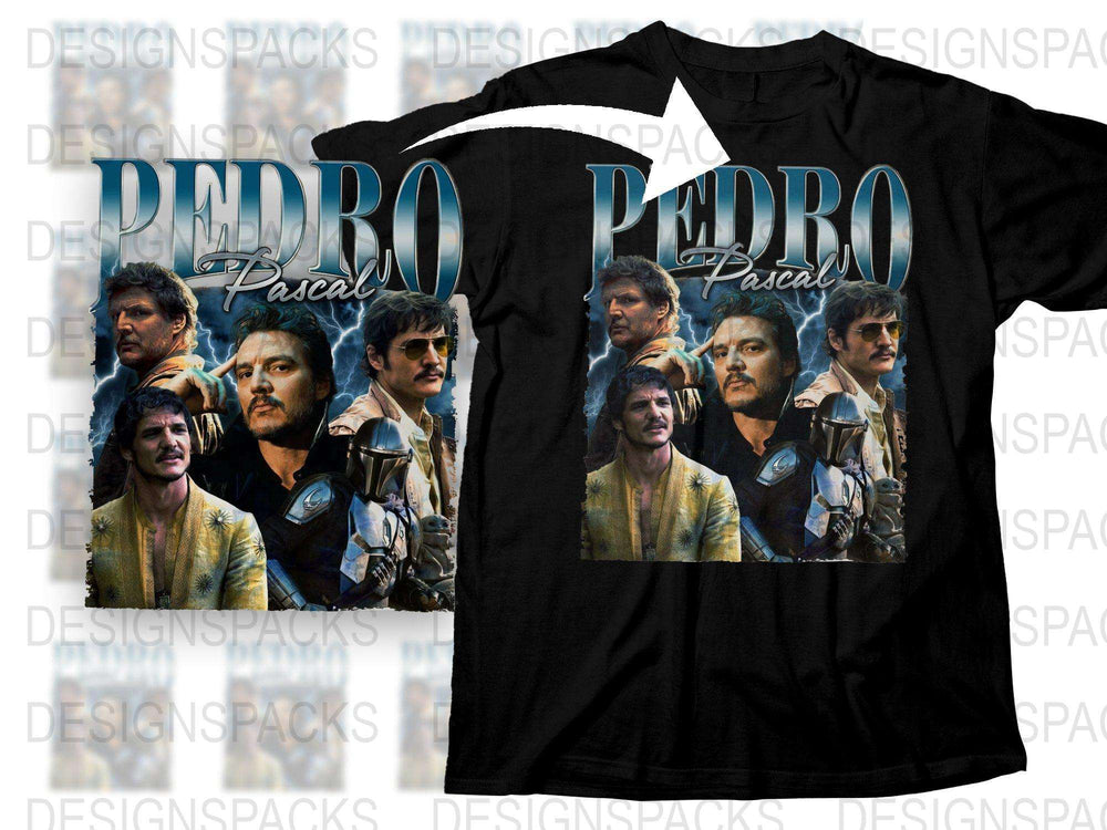Pedro Pascal Graphic T-Shirt, Vintage Style Actor Photo Montage, Black Crew Neck Tee, Fan Merchandise