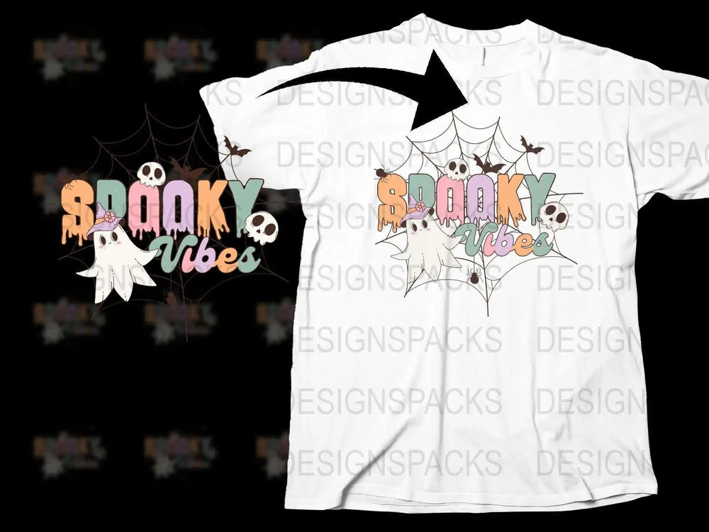 Spooky Vibes Halloween T-Shirt with Ghosts and Webs Graphic Tee, Unisex Casual Fall Fashion Shirt