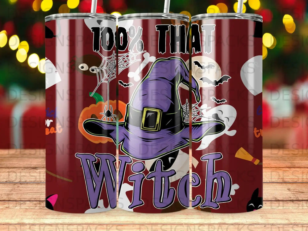 Halloween tumbler with witch hat, bats, spider web, and "100% That Witch" text.