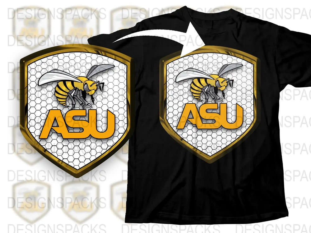 ASU Bee Mascot T-Shirt, Black and Yellow Hexagon Graphic Tee, Athletic Style Sports Shirt