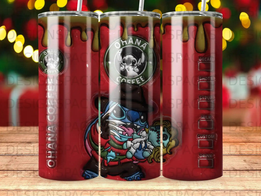 Stitch dressed as Freddy Krueger on a coffee-themed tumbler.