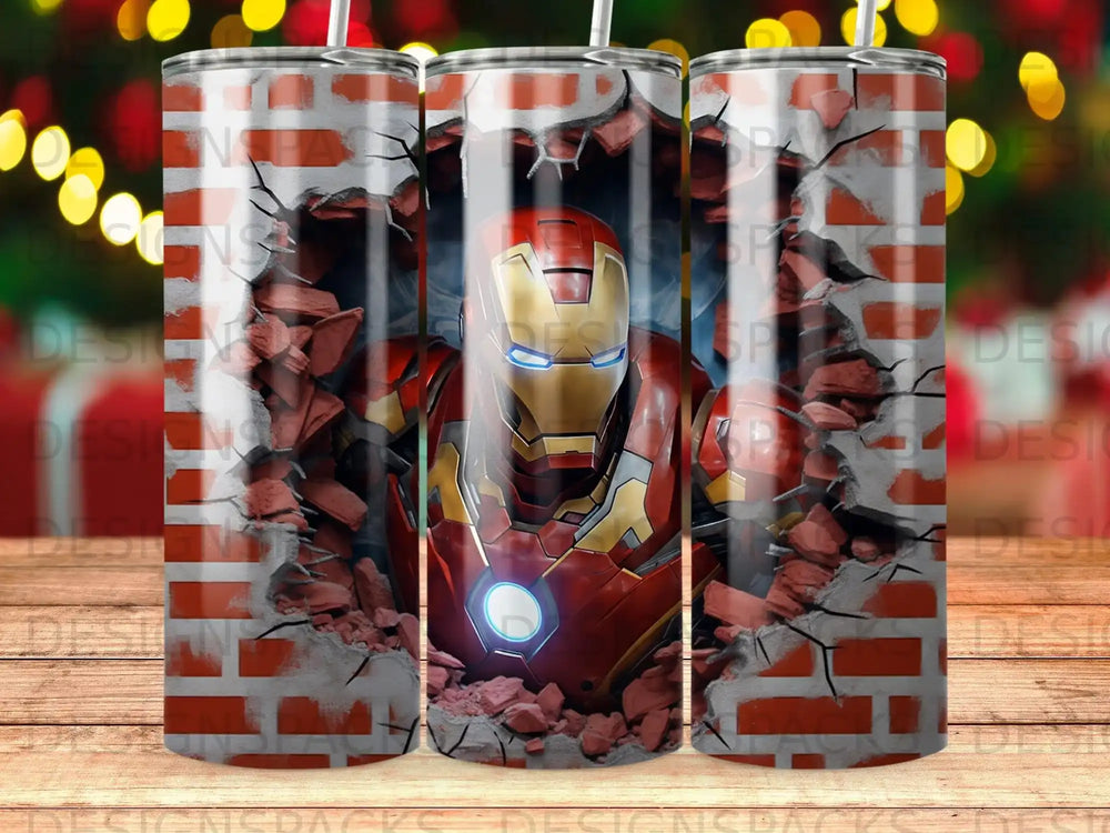 Iron Man breaks through a brick wall, glowing blue light from his chest.