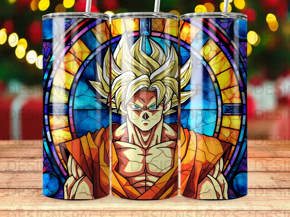 Goku in stained glass pattern against a blurred background of lights.