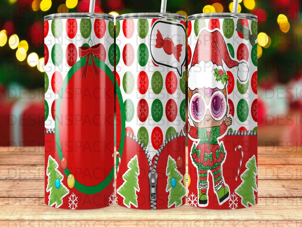 Tumbler with Christmas wreath, gingerbread girl, and candy cane patterns.
