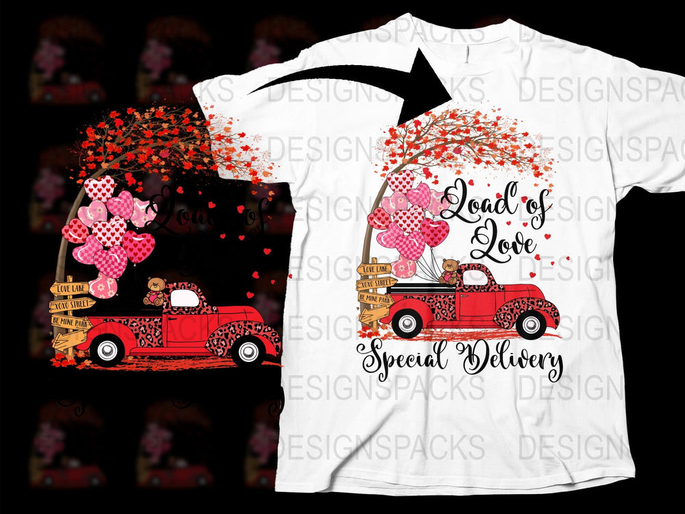 Valentine's Day T-Shirt Love Truck Design, Red Vintage Car, Hearts Special Delivery Graphic Tee