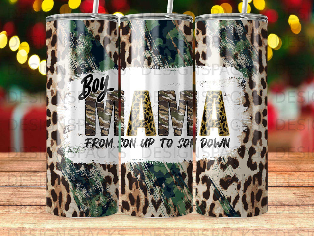 Camouflage and leopard print tumbler with "Boy Mama" text.