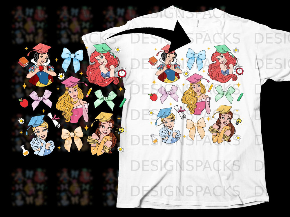 Graduation-themed Disney princesses with bows, books, and graduation caps adorn a t-shirt.