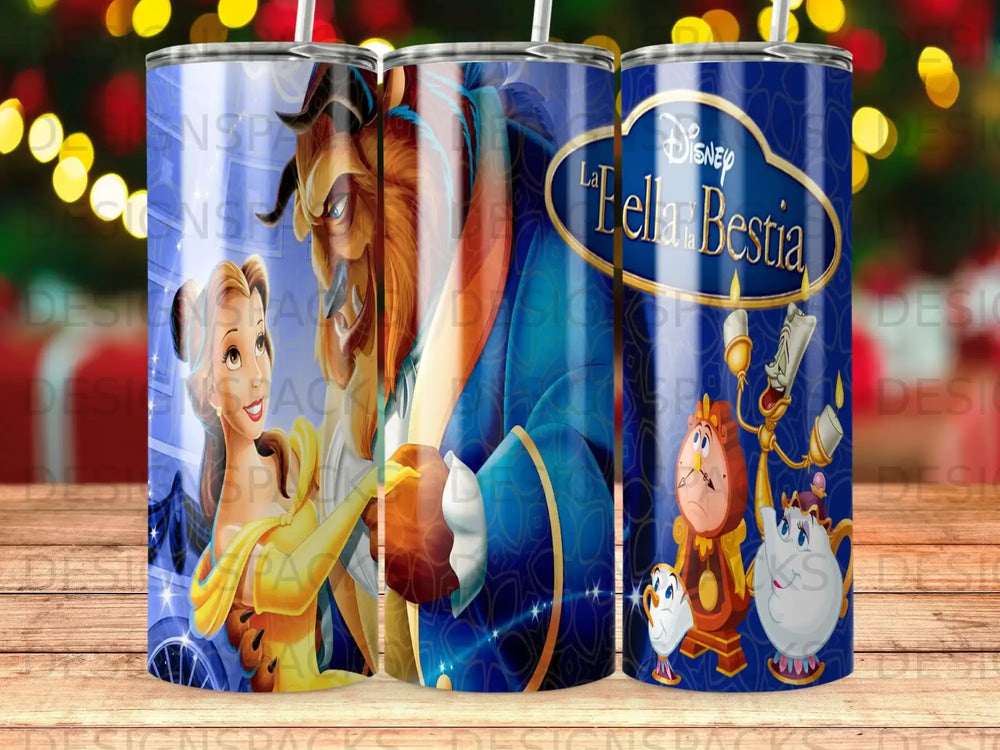 Beauty and the Beast characters Belle, Lumiere, and Cogsworth on a blue patterned tumbler.