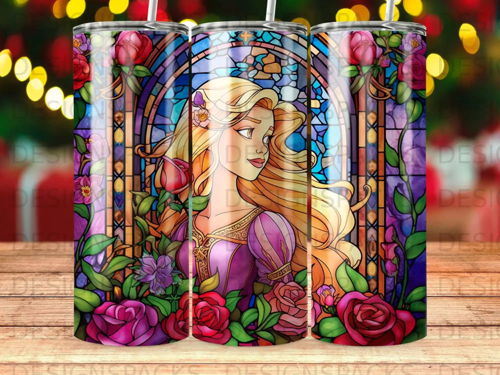 Stained glass design featuring Rapunzel with roses and floral motifs.