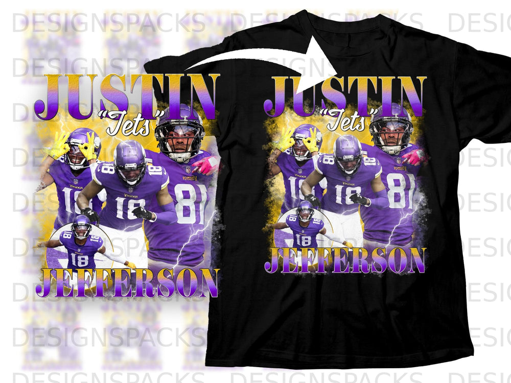 Justin Jefferson graphic on black t-shirt with Vikings players and yellow lightning.