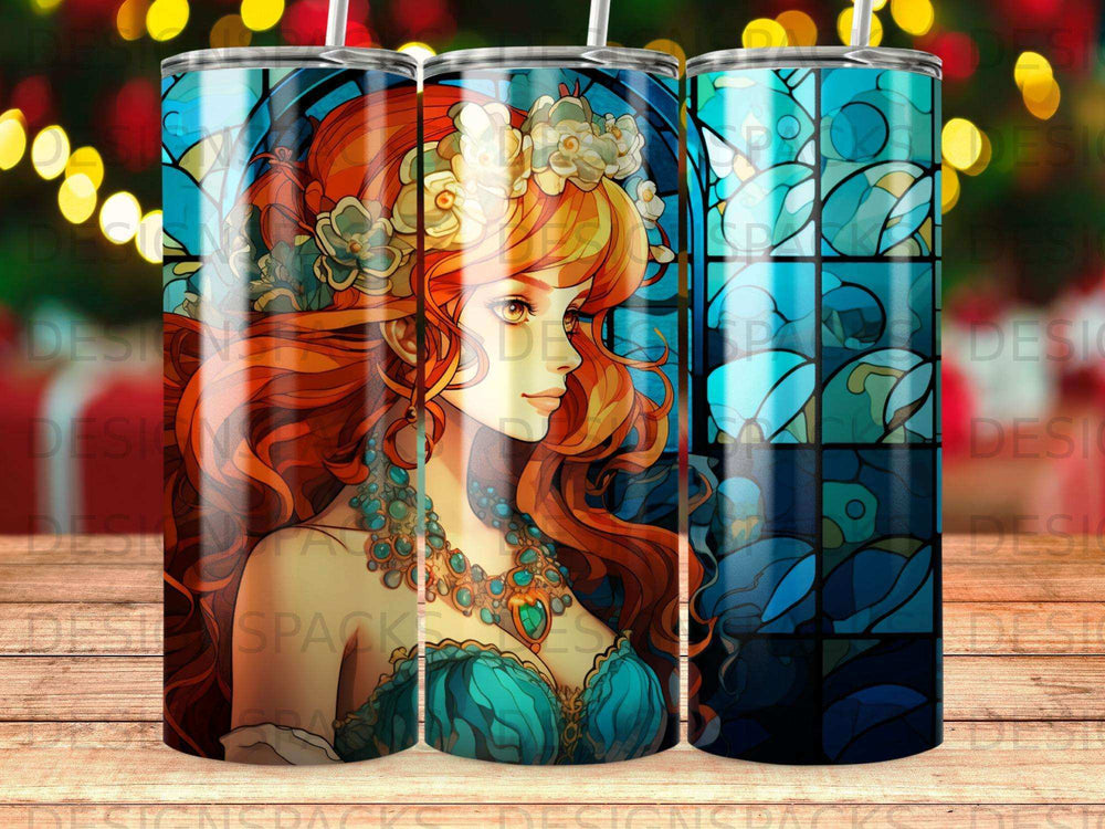 Stained glass style illustration of a woman with red hair wearing a blue top and floral crown.