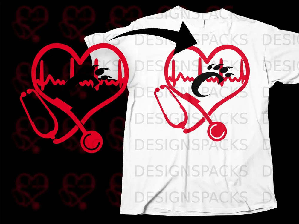 Heartbeat Stethoscope Paw Print Design T-shirt