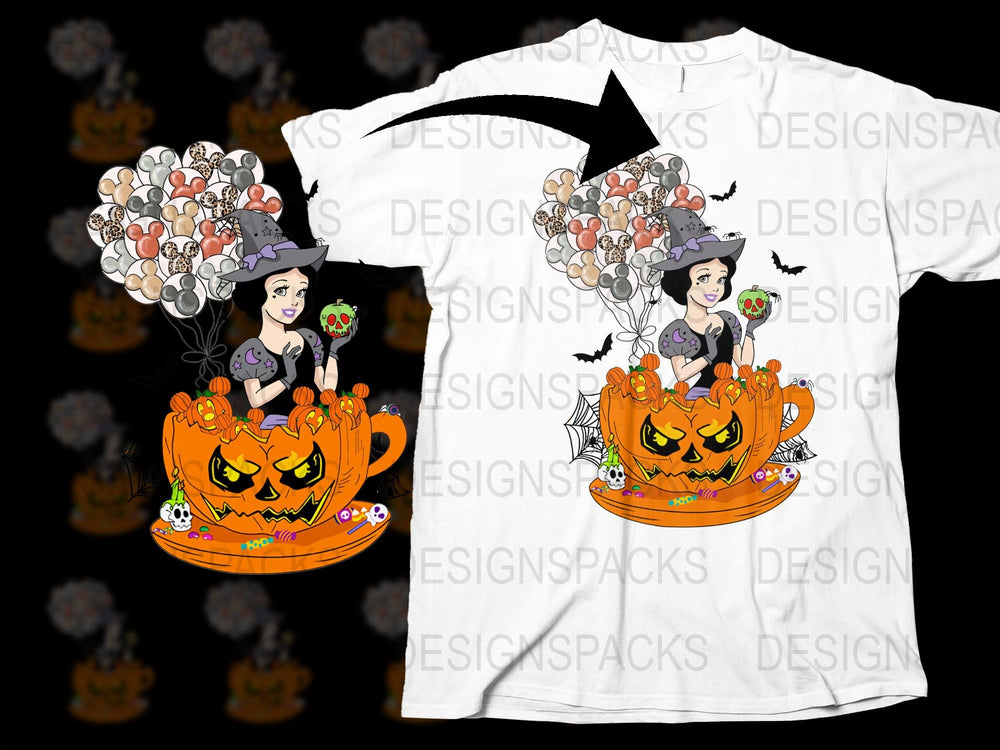 Halloween Witch and Pumpkin T-Shirt, Spooky Season Graphic Tee, Cute Witch with Balloons, Holiday Casual Wear