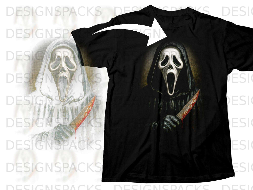 Ghostface character from Scream holding bloody knife on black t-shirt.