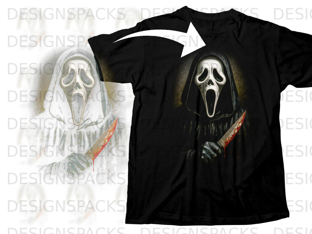 Ghostface character from Scream holding bloody knife on black t-shirt.
