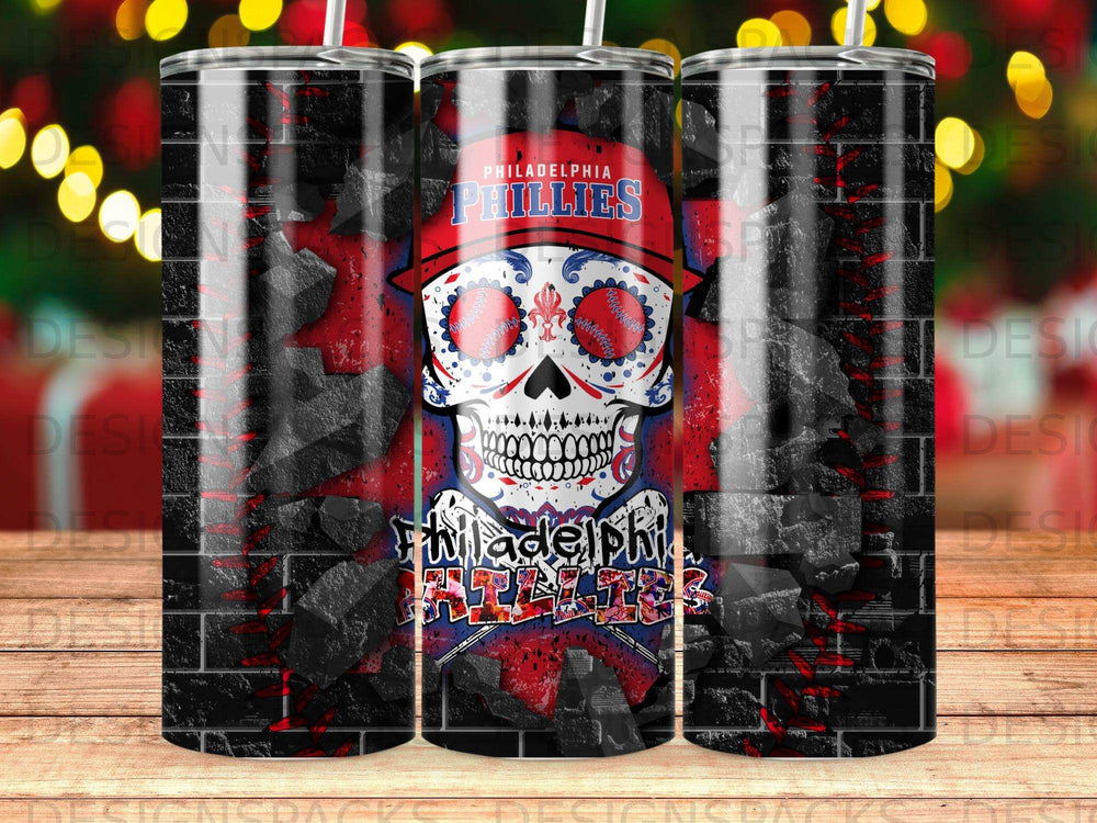 Philadelphia Phillies skull tumbler with brick and red background.