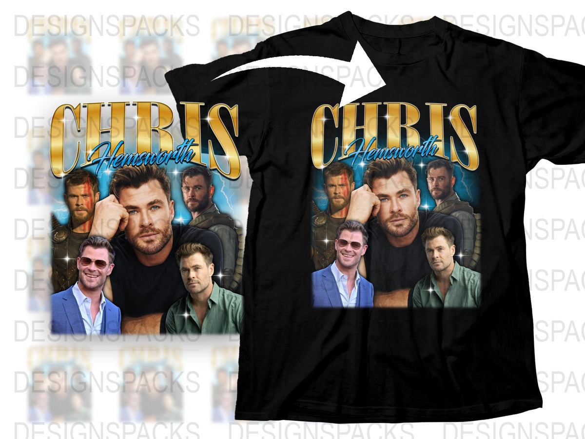Chris Hemsworth Graphic T-Shirt, Celebrity Photo Collage, Fan Art Tee, Actor Inspired Shirt Design, Unique Gift Idea