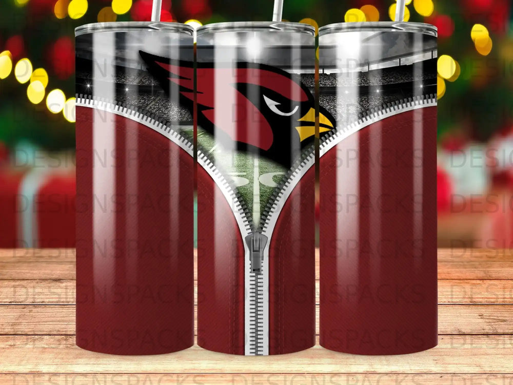 Arizona Cardinals logo on a zipped football stadium background tumbler.
