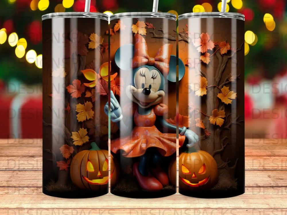 Minnie Mouse with pumpkins and autumn leaves on a tumbler.