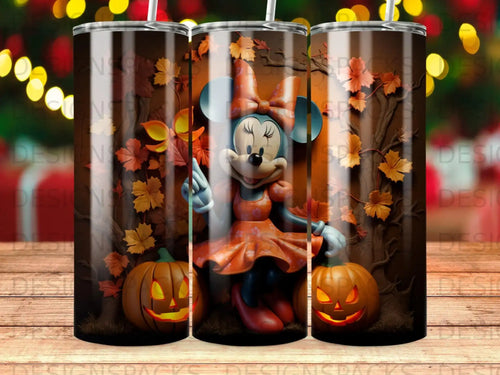 Minnie Mouse with pumpkins and autumn leaves on a tumbler.