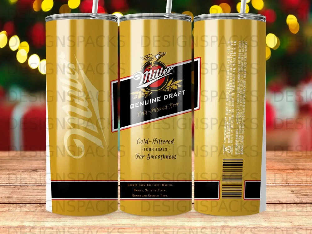 Miller Genuine Draft Cold-Filtered Beer tumbler with gold branding.