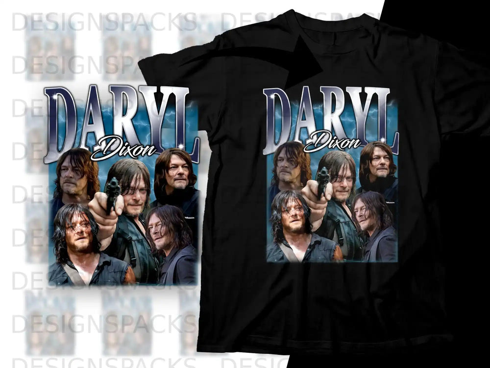 Daryl Dixon collage on a black t-shirt with a distressed blue background.