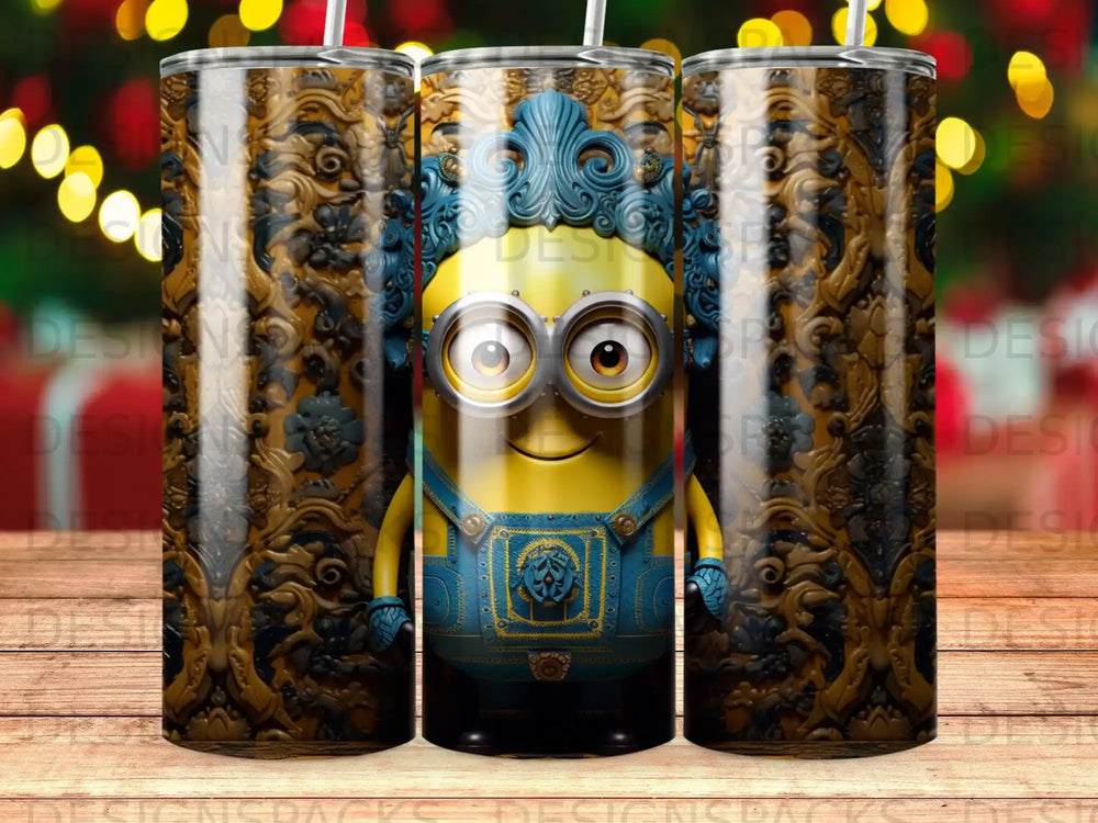 Minion character in blue overalls with intricate gold patterned background.
