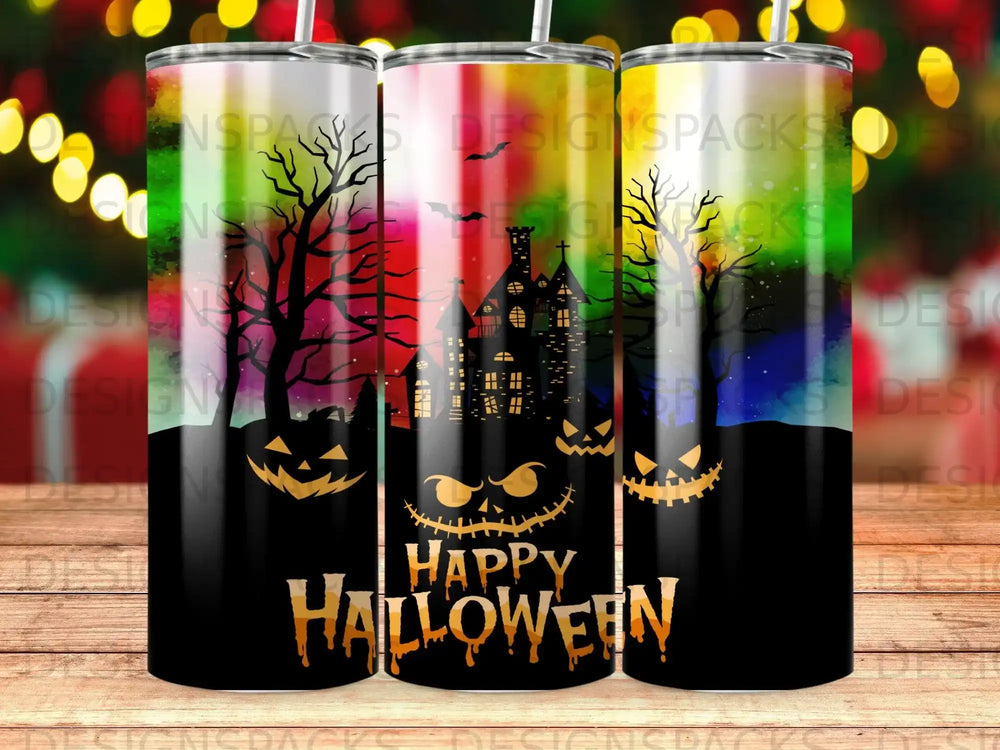 Halloween tumbler with spooky castle, jack-o'-lanterns, and "Happy Halloween" text.