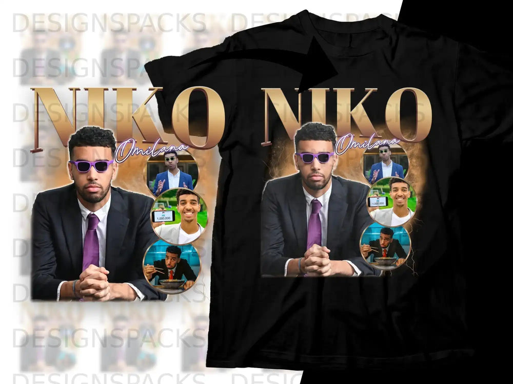 T-shirt with "NIKO" text and framed photos of a man in a suit and eating noodles.