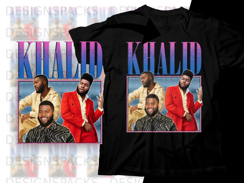 Black t-shirt featuring Khalid in a red suit with checkered pattern shirt.