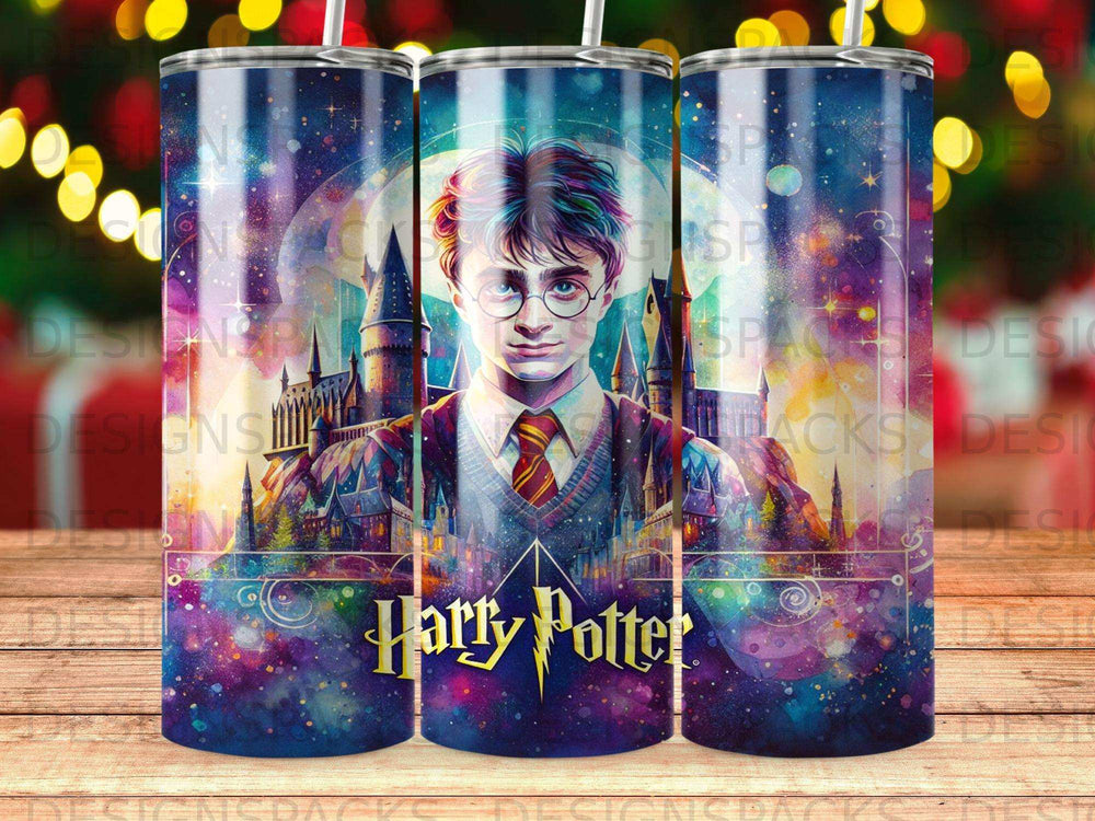 Harry Potter with Hogwarts castle background, watercolor style.