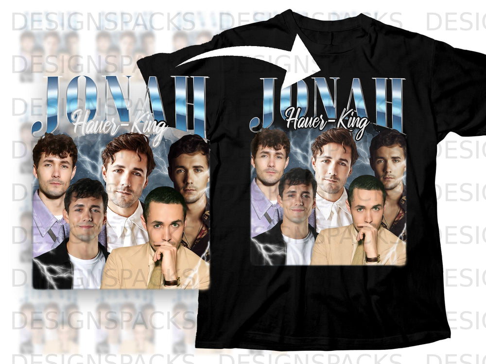 T-shirt with "JONAH Hauer-King" text and five portraits of men with lightning effects.