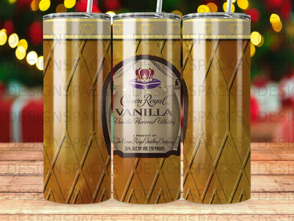 Crown Royal Vanilla Flavored Whiskey bottle with gold and purple packaging.