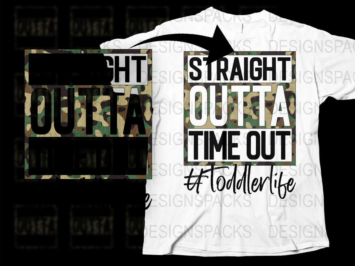 'Straight Outta Time Out' Toddler T-Shirt, Funny Kids Tee, #ToddlerLife, Camo Design, Graphic Shirt for Boys and Girls