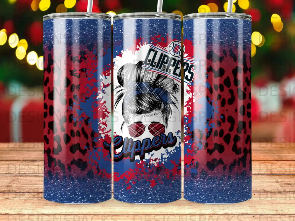 Los Angeles Clippers tumbler with leopard print and distressed flag design.