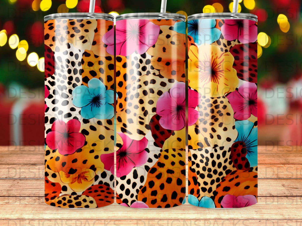 Tumbler with floral and leopard print patterns.