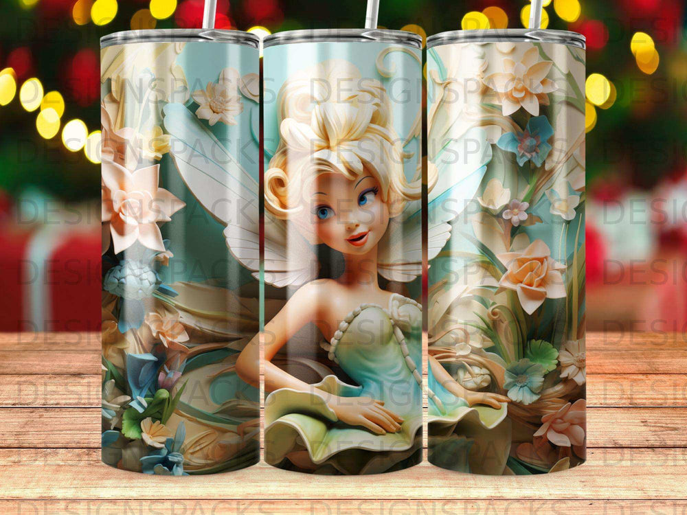 Tinkerbell with floral background on a tumbler wrap.