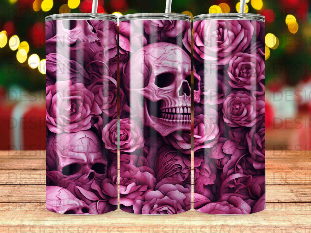 Pink roses and skulls pattern on a tumbler.
