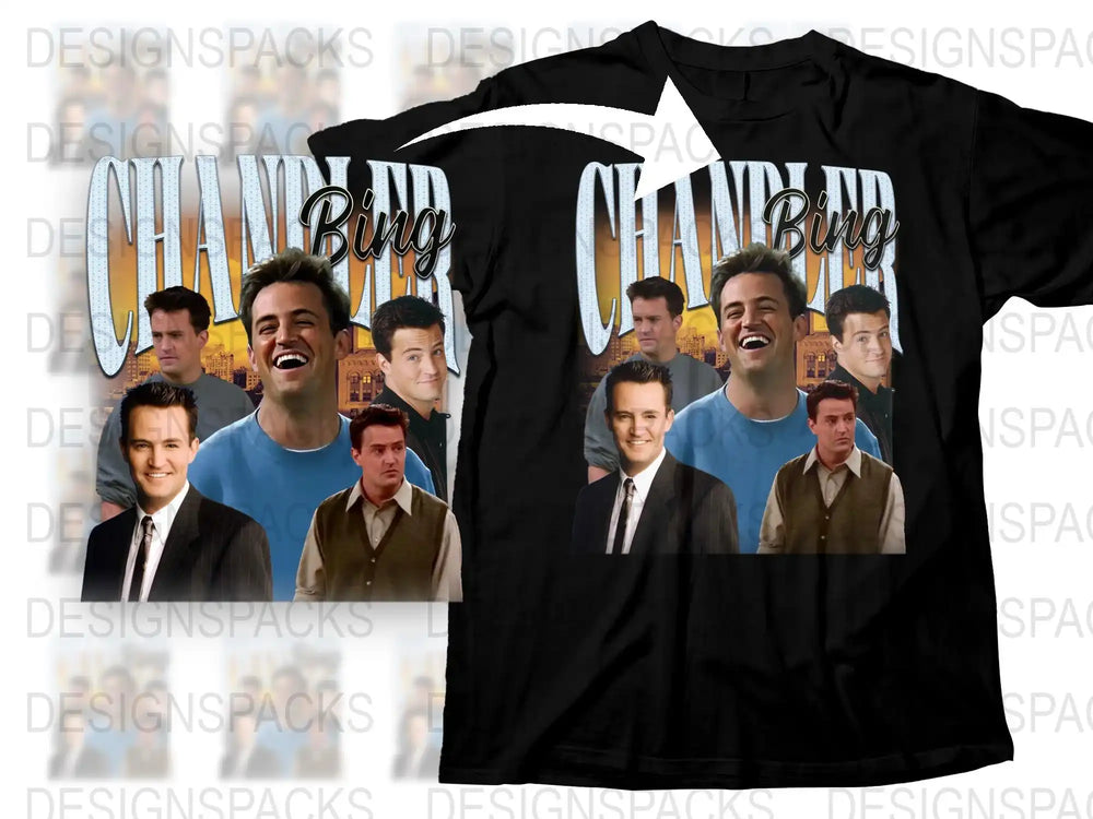 Chandler Bing Friends TV Show Graphic T-Shirt, Vintage Style, Multiple Poses, Casual Black Tee