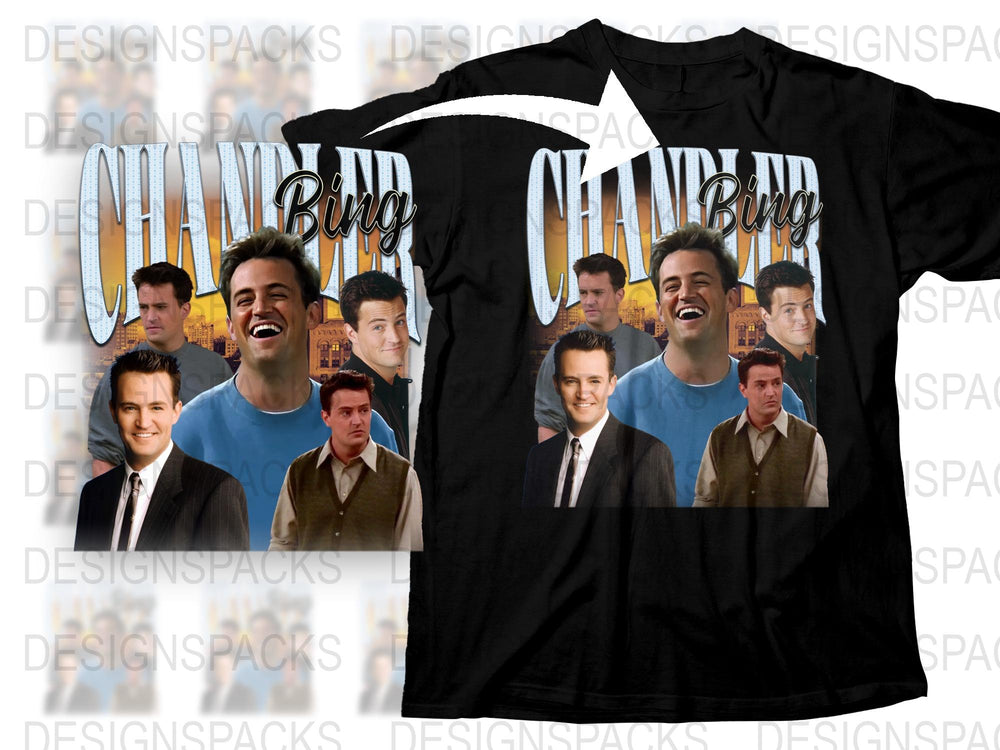 Chandler Bing Friends TV Show Graphic T-Shirt, Vintage Style, Multiple Poses, Casual Black Tee