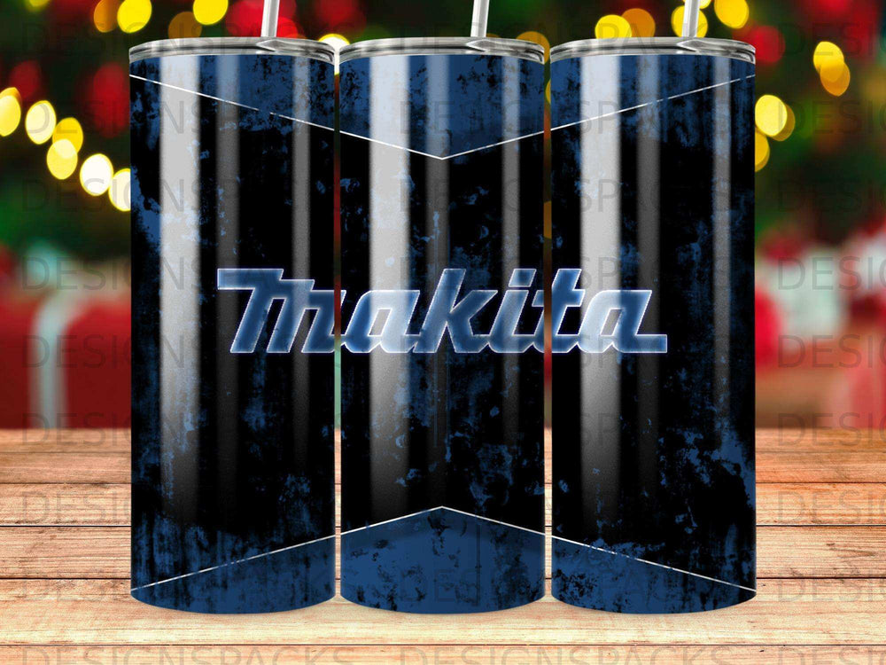 Blue and black Makita tumbler with abstract paint splatter design.