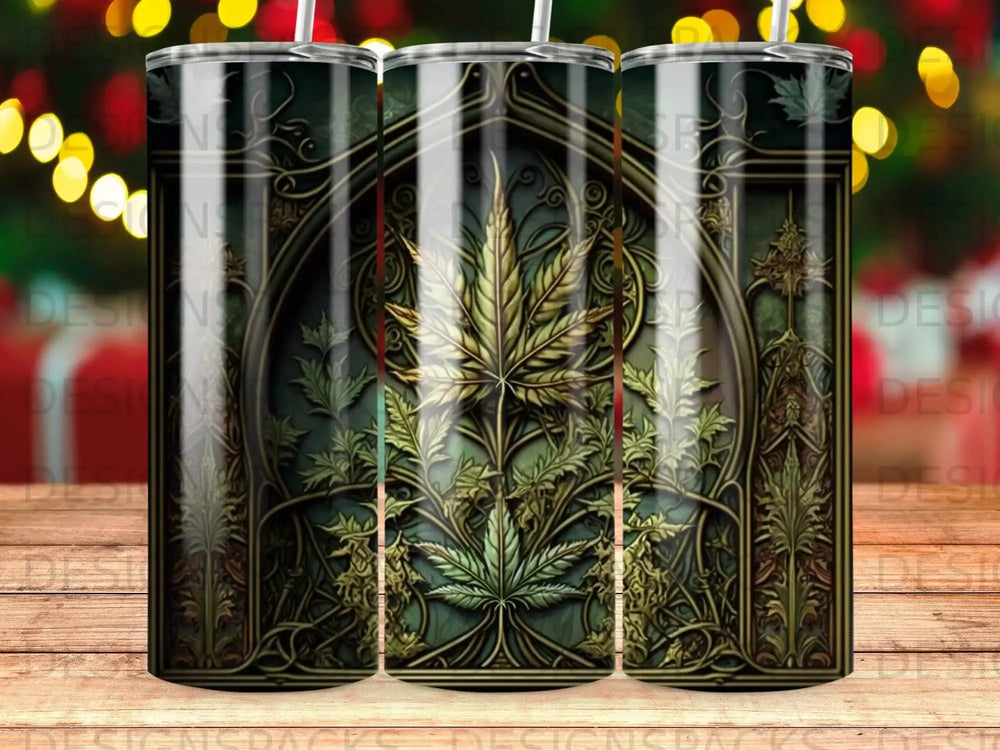 Green cannabis leaf design on a dark ornate background, three tumblers.