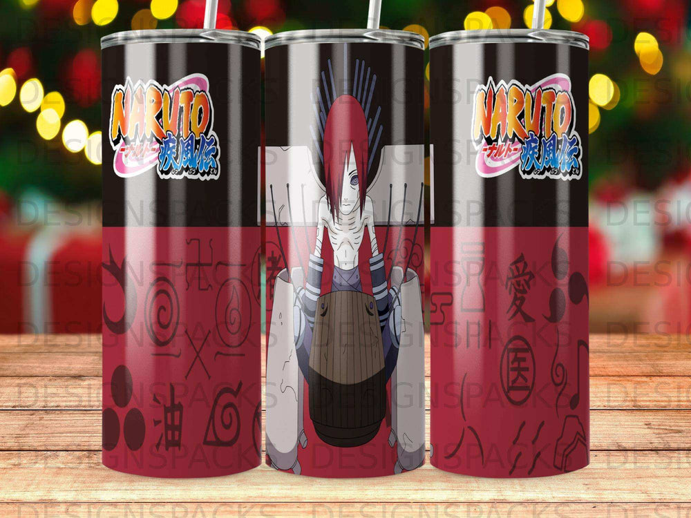 Naruto anime characters with Japanese writing and symbols on tumblers.