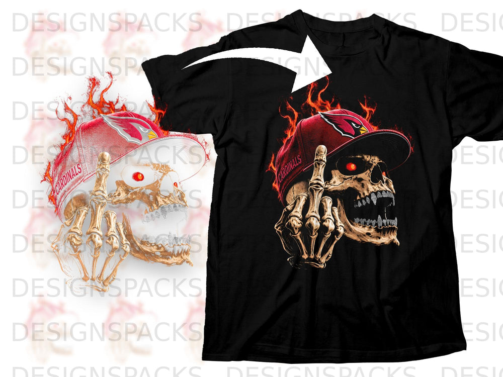 Black t-shirt with a fiery skeleton wearing a Cardinals hat and giving the middle finger.